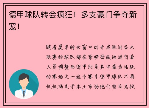 德甲球队转会疯狂！多支豪门争夺新宠！
